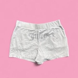 Juicy Couture velour mini shorts in cream white with rhinestone logo across the